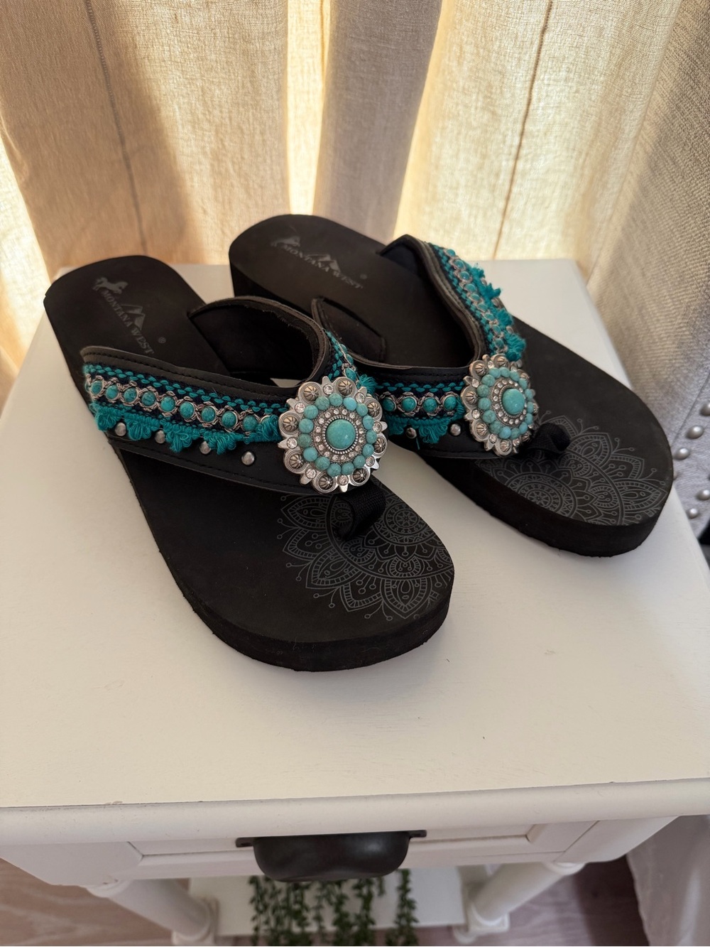 Montana West Black Sandals with Turquoise Bead Medallions